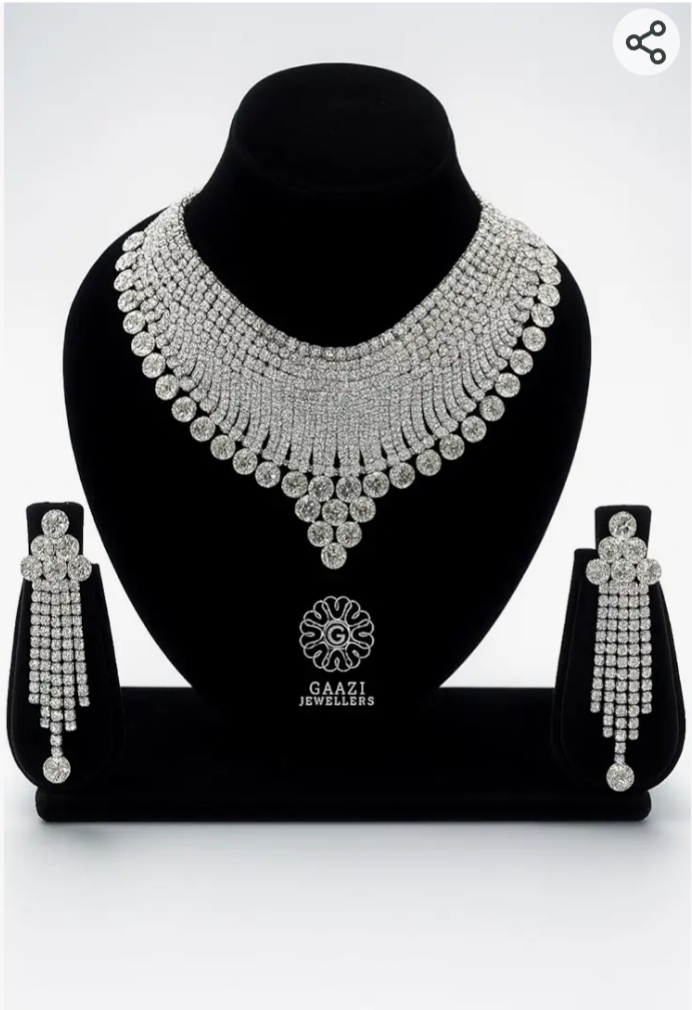 Royal Silver-Toned Heavy Crystal Choker Necklace & Tassel Earrings Set