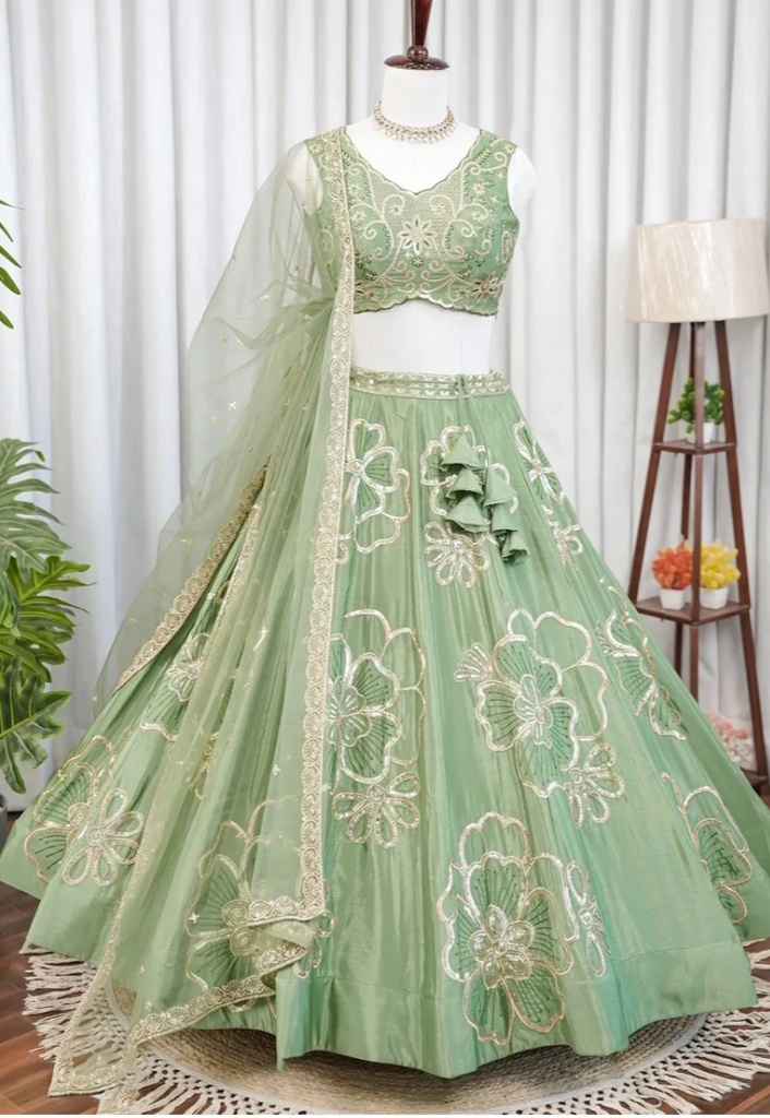 Pista Green Chinon Silk Embroidered Lehenga Choli Set