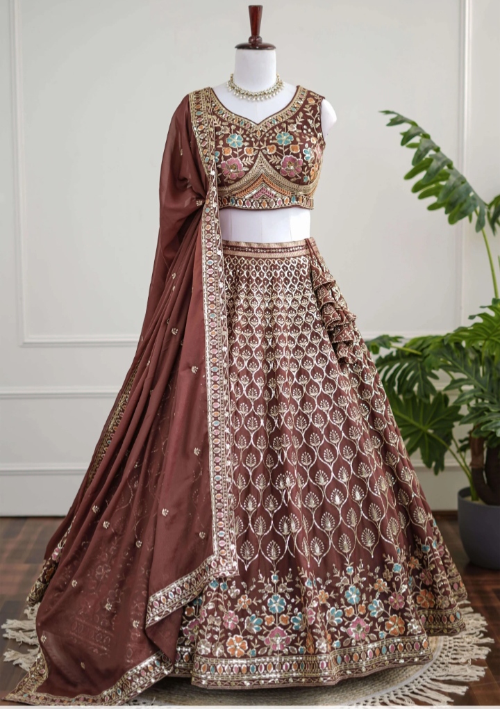 Chocolate Brown Embroidered Bridal Lehenga Set