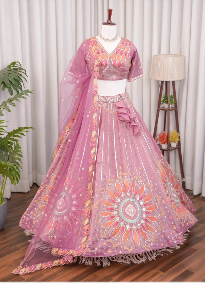 Dusty Pink Crush Silk Lehenga Choli with Sequin & Floral Embroidery | Kayara Label
