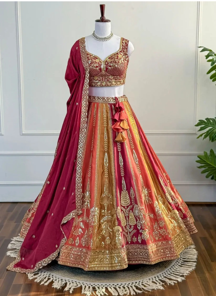 Orange & Yellow Embroidered Lehenga Set with Zari Work