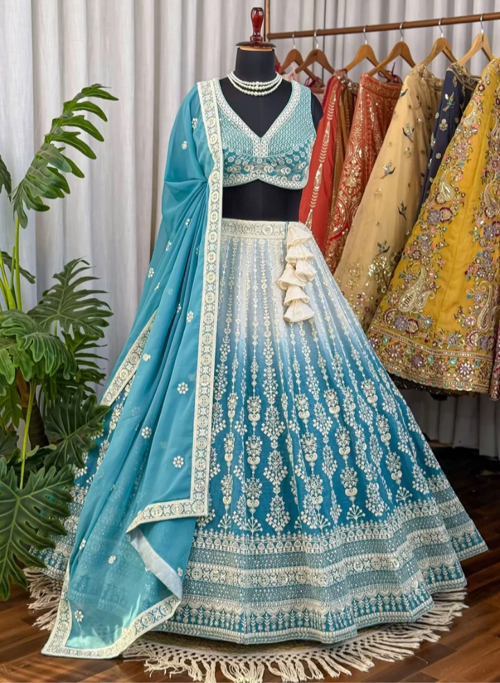 Teal Blue Chikankari Embroidered Lehenga Choli Set