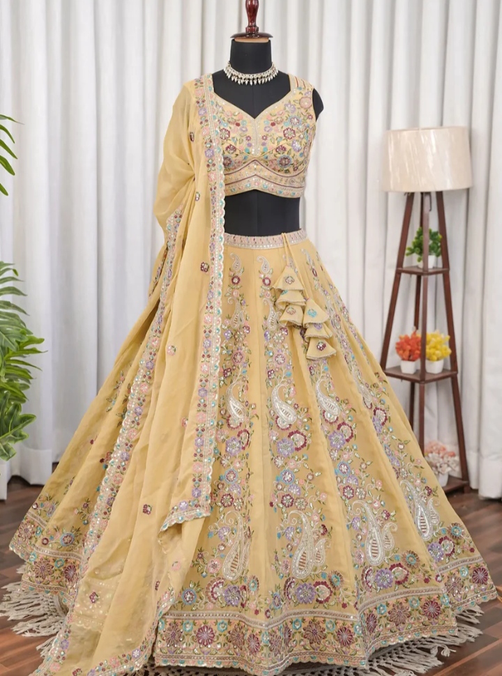 Pastel Yellow Floral Embroidered Lehenga Choli Set