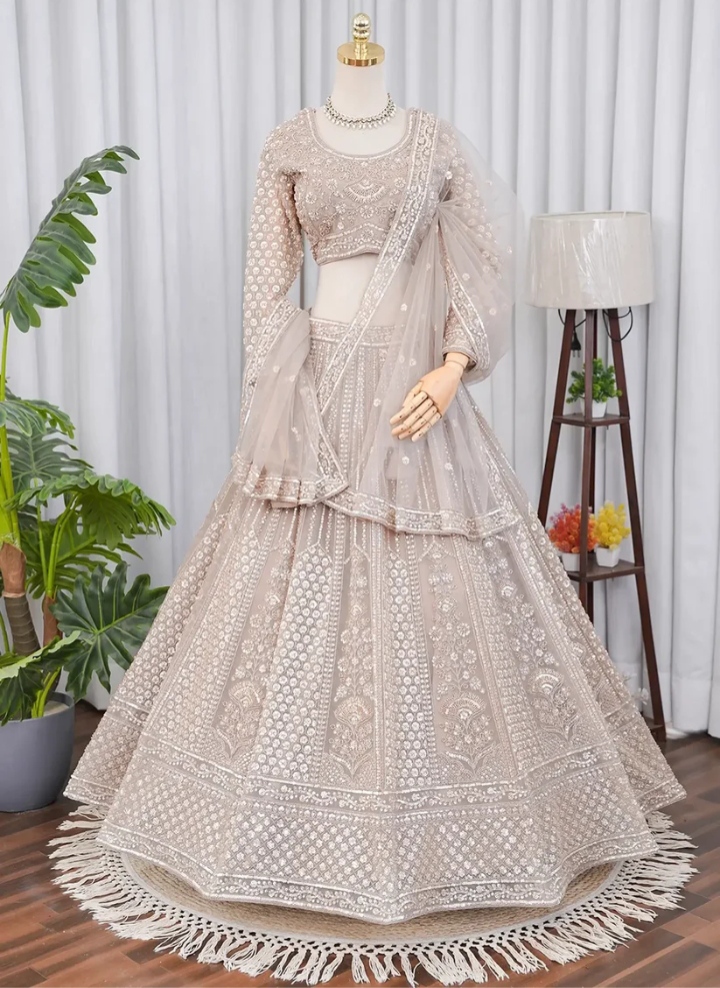 Champagne Beige Net Lehenga Choli with Beads & Dori Work